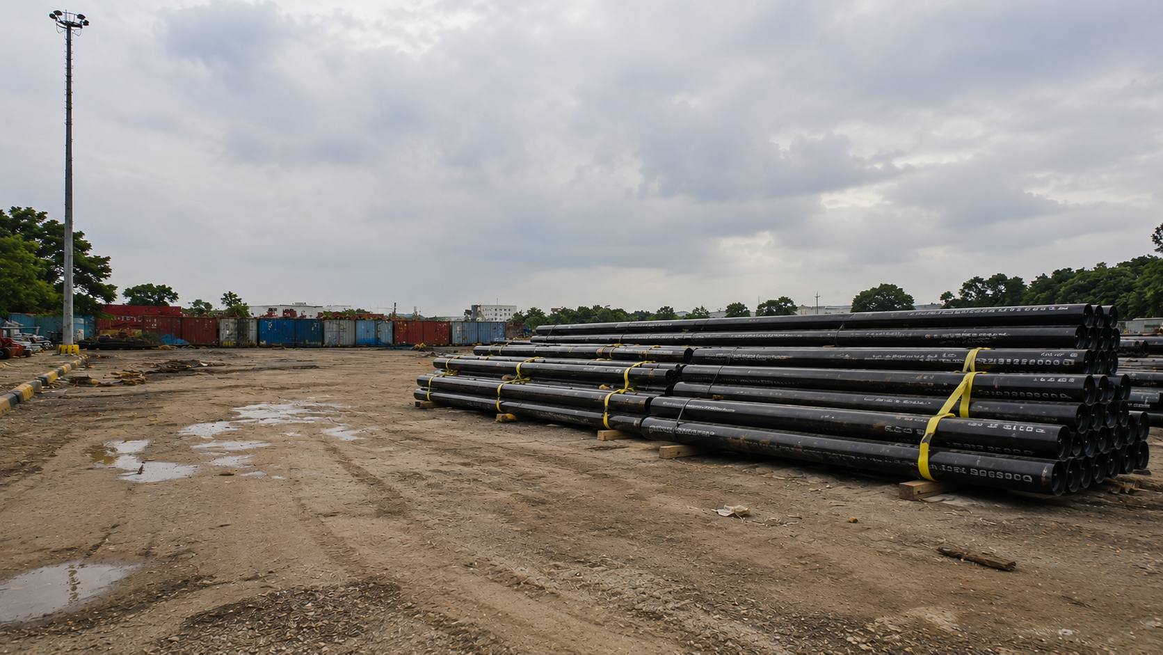 Industrial yard with stacked pipes under a cloudy sky